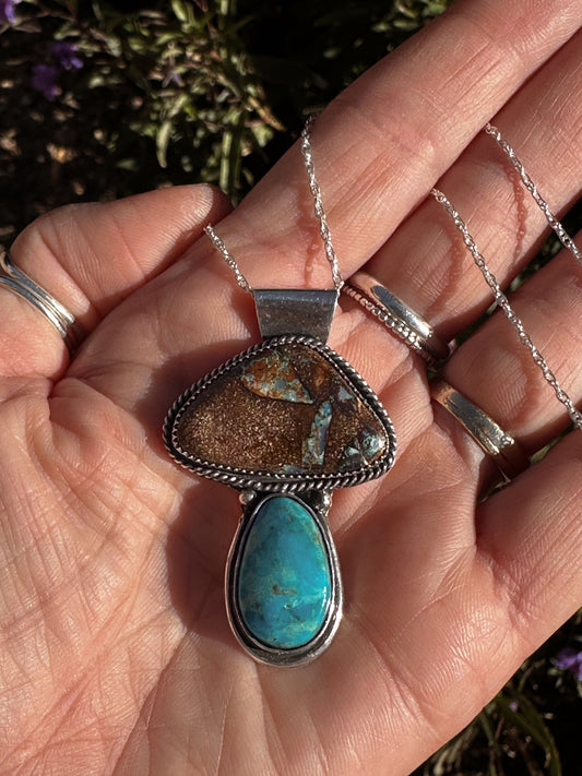 Boulder Opal and Turquoise, Mushroom Pendant